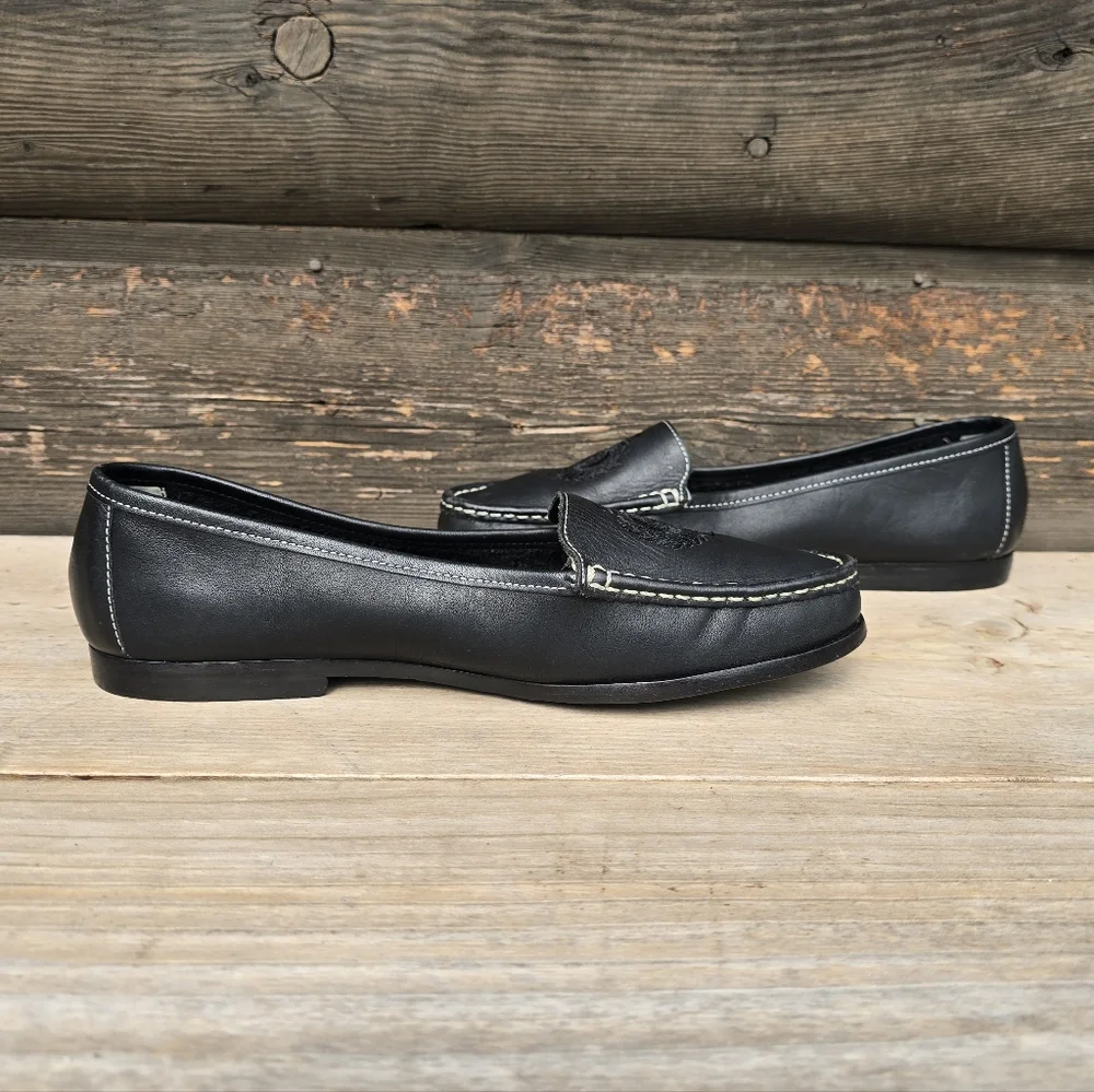 Liz Claiborne 90s Preppy Minimalist Black Leather Crest Comfort Loafers 8.5M
